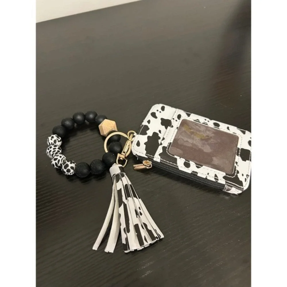 Cow Print Beaded Keychain Card Holder Wallet Bracelet Wristlet Women